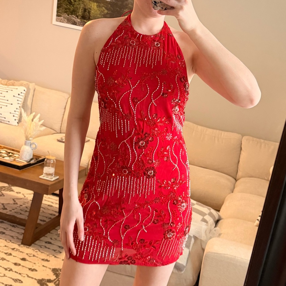 Sequin Red Halter Dress- Size M